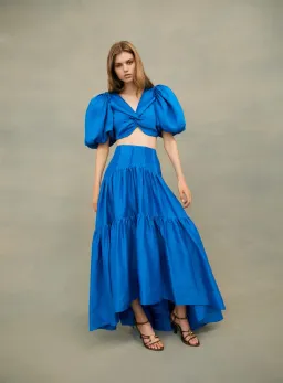 Aje Reverb Gathered Midi Skirt & Reverb Puff Sleeve Cropped Top Set Blue Size 4 for rent on The Volte - image 4