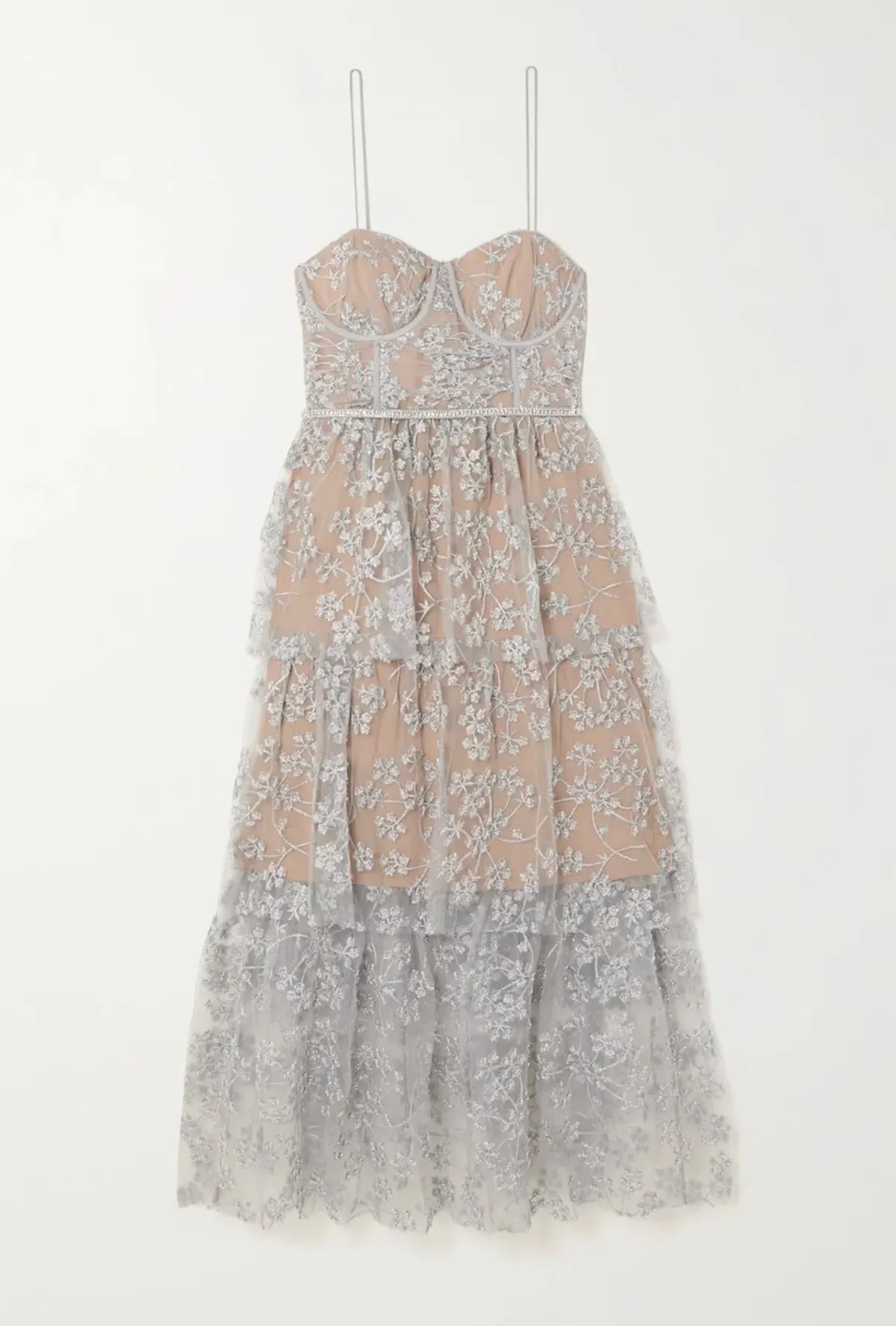 Self-Portrait Tiered Metallic Tulle Midi Dress Silver Size 12 - Image 3