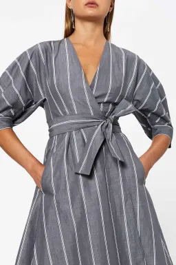 Scanlan Theodore The Stripe Cotton Wrap Dress Grey Size 6 for rent on The Volte - image 3