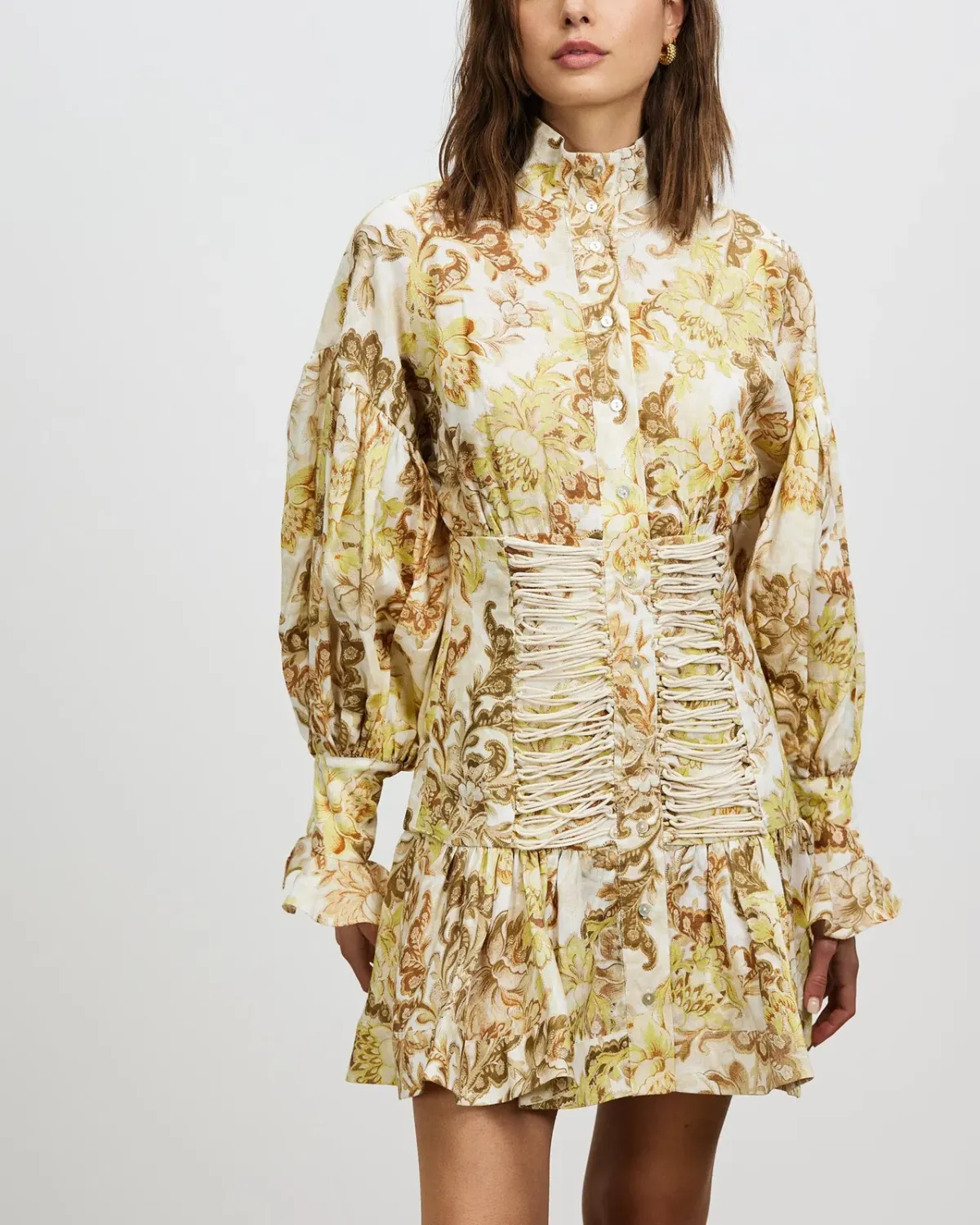 Alémais Bernadette Corset Mini Dress Long Sleeve Linen Print Size 8 - Image 1