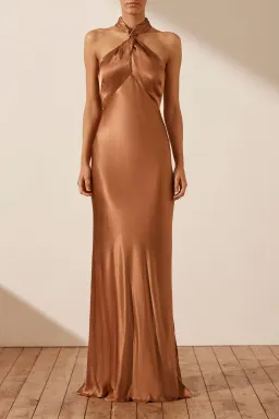 Shona Joy La Lune High Neck Twist Maxi Dress Almond Size 10 for rent on The Volte - image 1