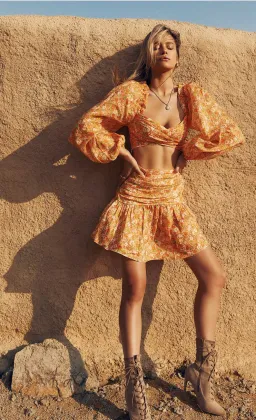 Kate Ford Bloom Ruched Top And Skirt in Mini Set Orange Size 3 / AU 10 for rent on The Volte - image 1