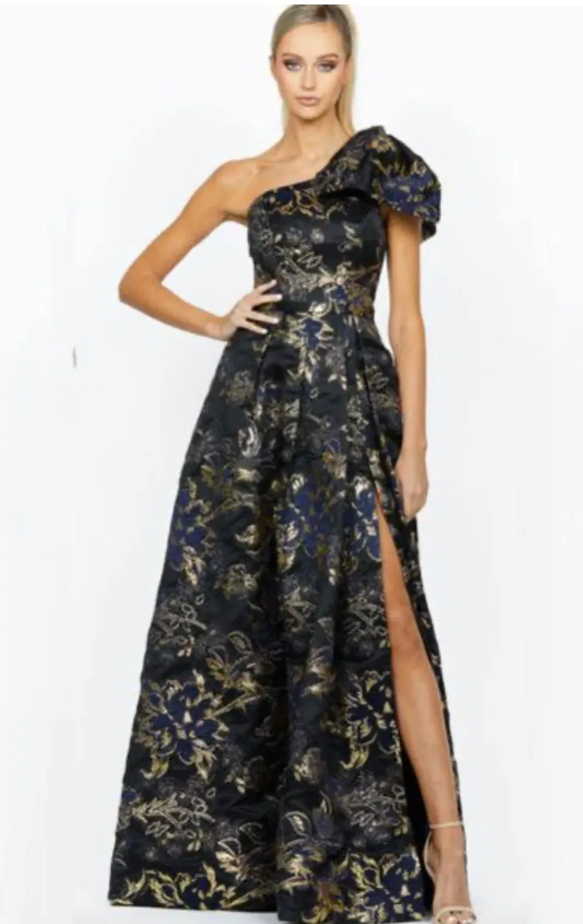 Bariano Olympia One Shoulder Gown Black/Gold Size 8 - Image 3