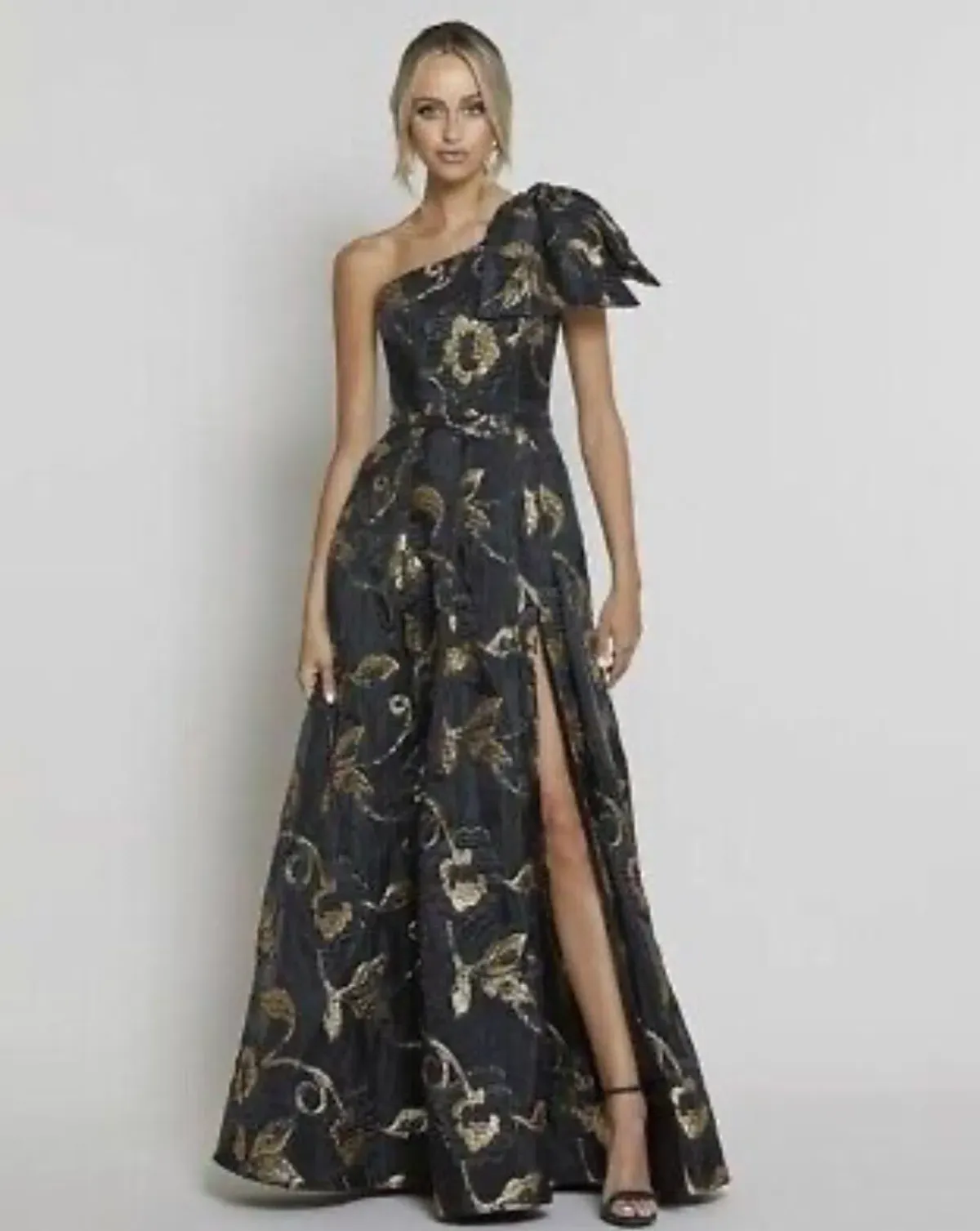 Bariano Olympia One Shoulder Gown Black/Gold Size 8 - Image 5