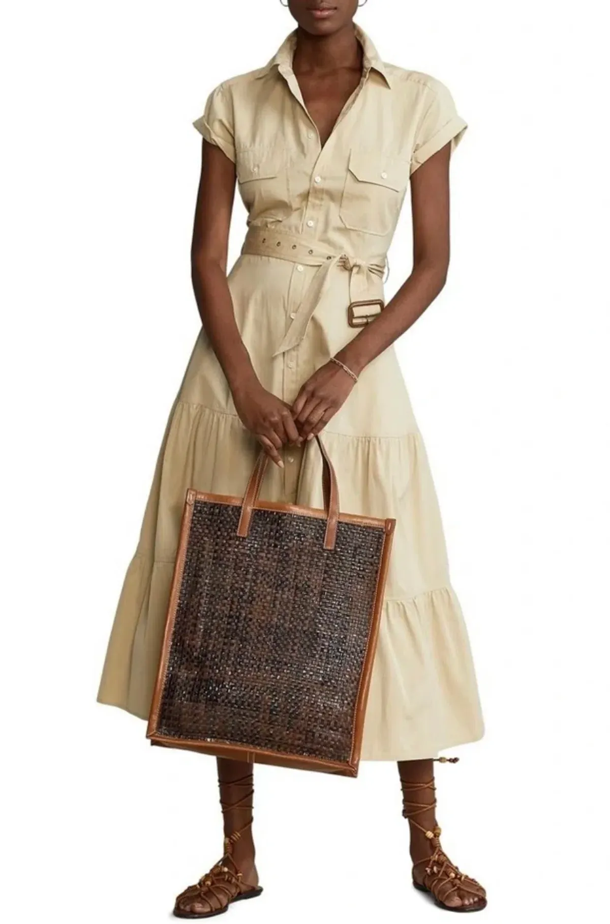 Ralph Lauren Belted Tiered Cotton Utility Midi Dress in Beige Size 6 - Image 1