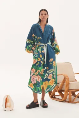 Alemais Lyla Midi Shirtdress Blue Linen Long Sleeve Button Down Floral Navy Size AU 10 for rent on The Volte - image 1