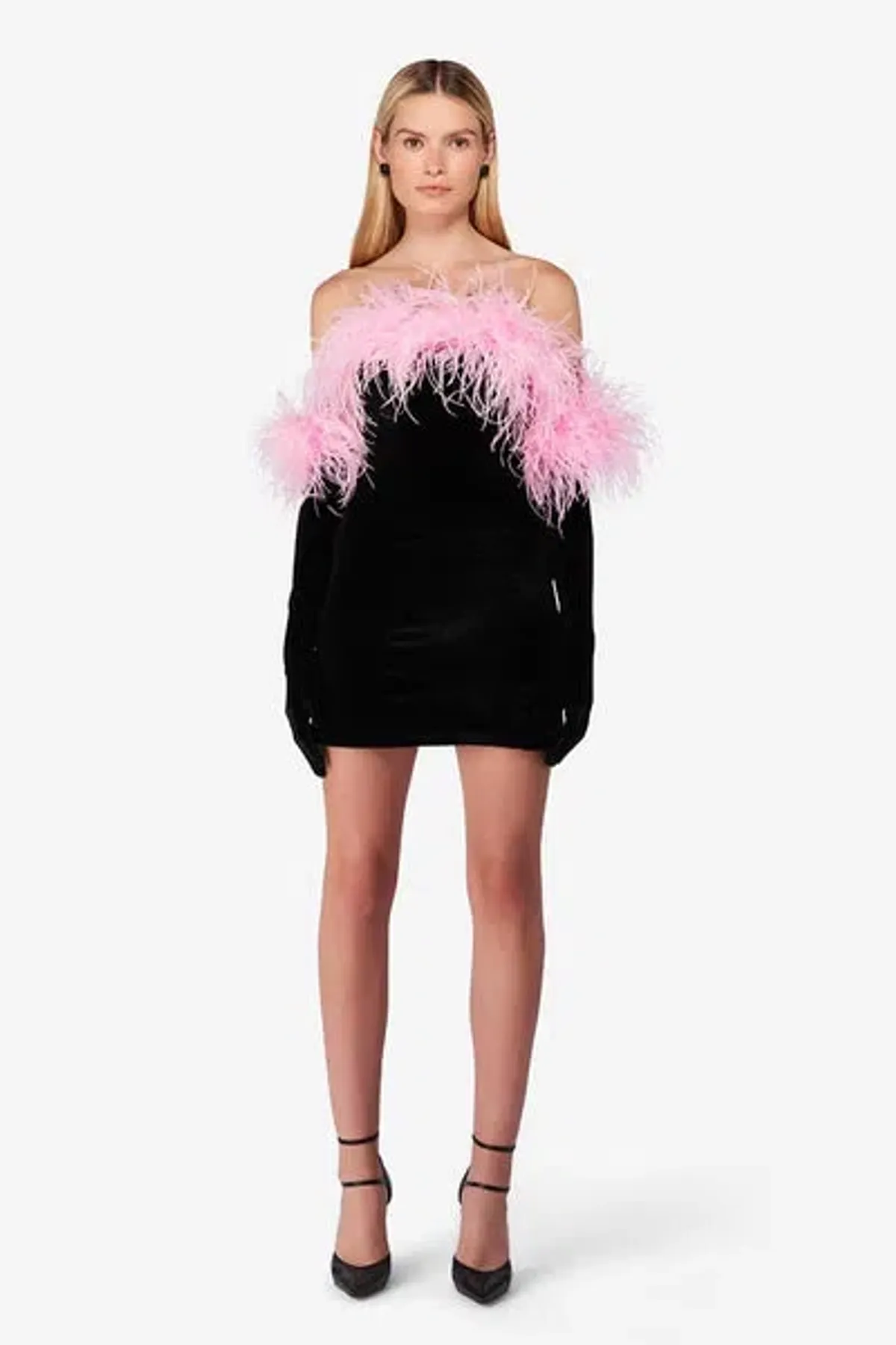 Miscreants Cupid Mini Dress Black And Gloves With Pink Feathers Size 10  - Image 1