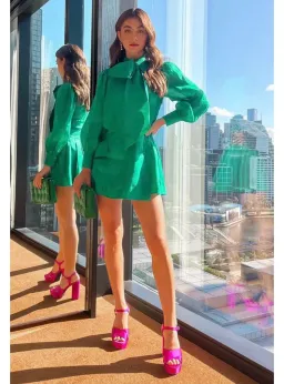 Leo Lin Viridian Silk Linen Tie Dress in Green Size AU 12 for rent on The Volte - image 1