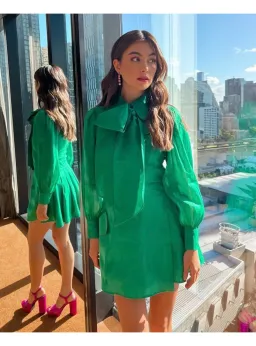 Leo Lin Viridian Silk Linen Tie Dress in Green Size AU 12 for rent on The Volte - image 2