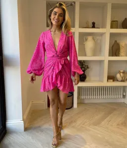 Never Fully Dressed Foil Spot Mini Wrap Dress Pink Size AU 8 for rent on The Volte - image 2