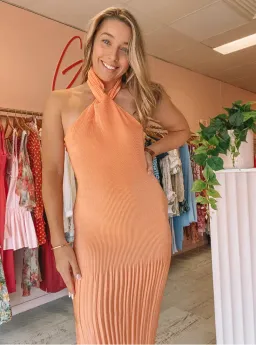 L’Idee Soiree Pleated Halter Gown Orange Size 8 for rent on The Volte - image 1