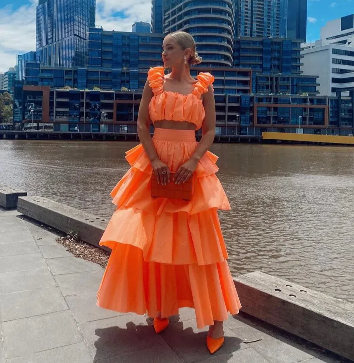 Aje Medina Ruched Cropped Top and Tiered Midi Skirt Set Orange Size 8 / S - Image 2
