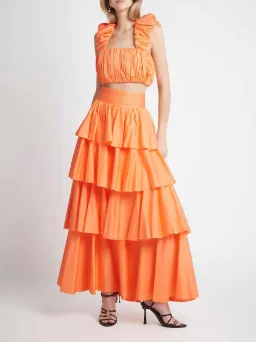 Aje Medina Ruched Cropped Top and Tiered Midi Skirt Set Orange Size 8 / S for rent on The Volte - image 1