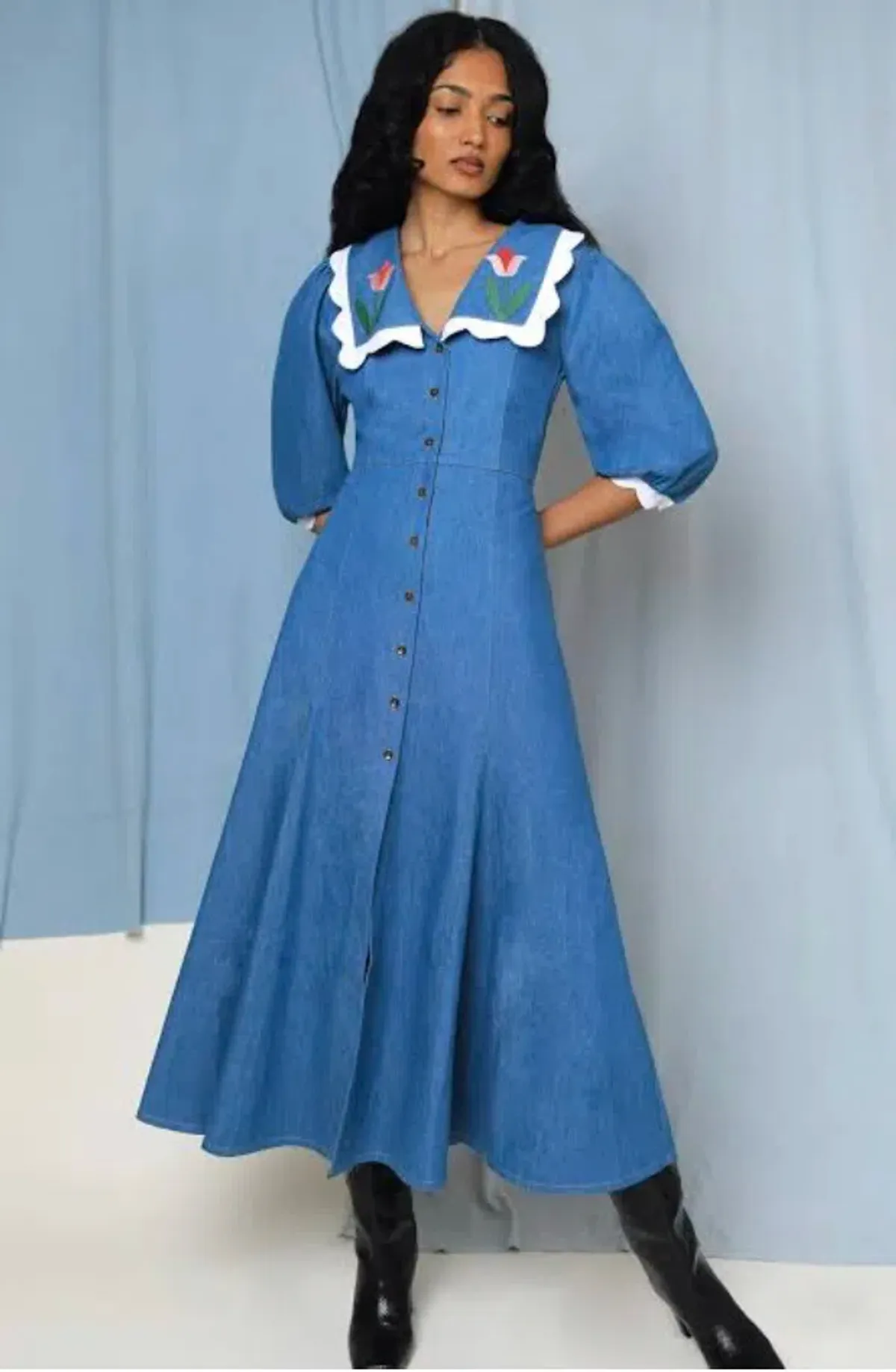 Rixo Ellen Denim Tulip-embroidered Dress Blue Size 6  - Image 1