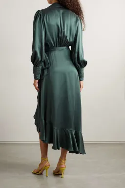 Zimmermann Asymmetric Ruffled Silk-satin Wrap Dress in Green Size 2 / AU 12 for rent on The Volte - image 3