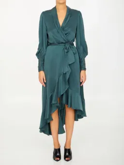 Zimmermann Asymmetric Ruffled Silk-satin Wrap Dress in Green Size 2 / AU 12 for rent on The Volte - image 1