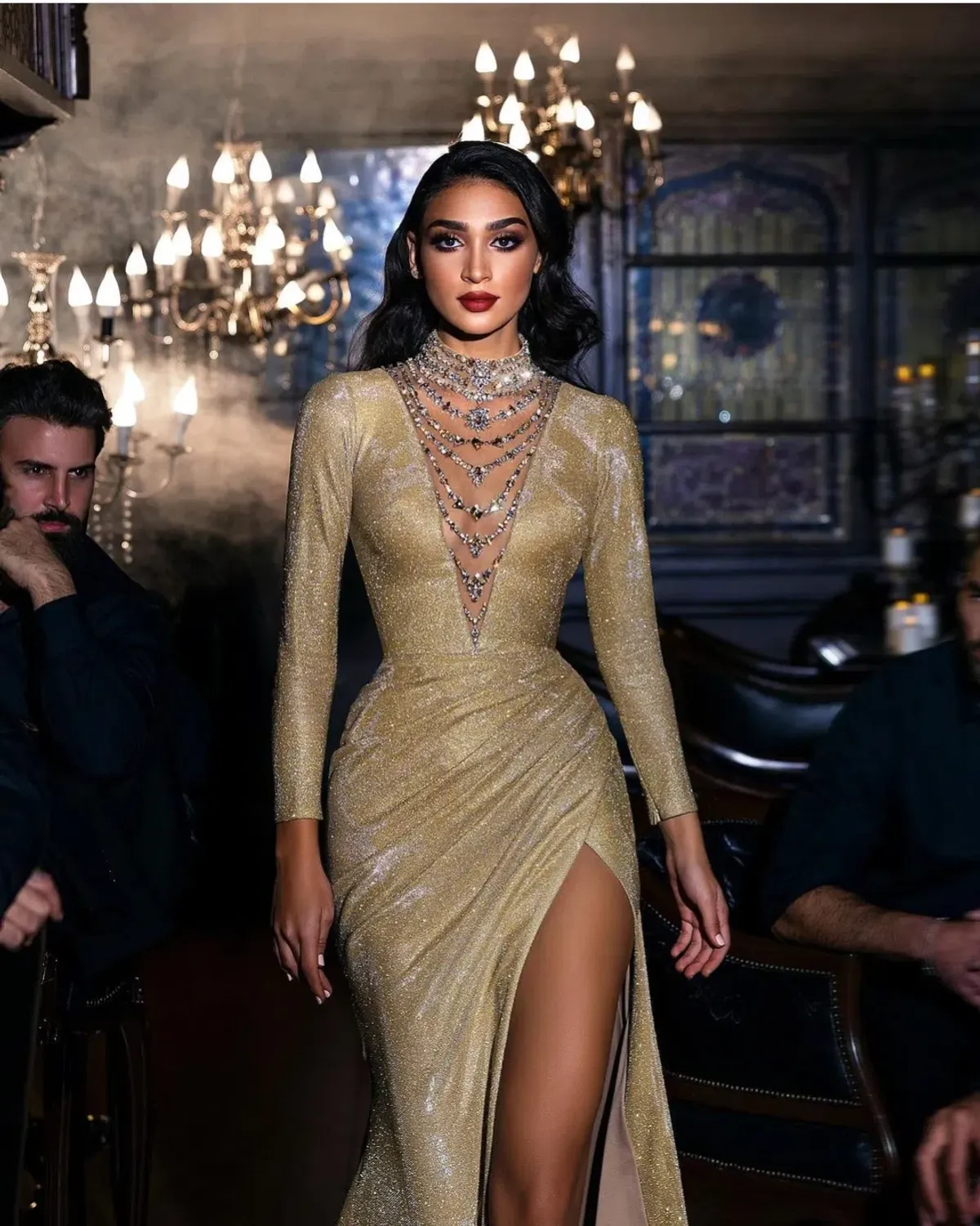 Sadek Majed Long Sleeve Gold Gown Size 8 - Image 1