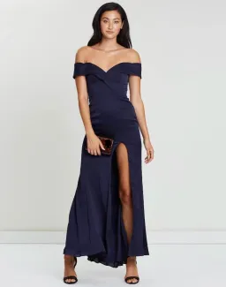 Fame & Partners Off The Shoulder Split Gown In Navy Size AU 8 for rent on The Volte - image 1
