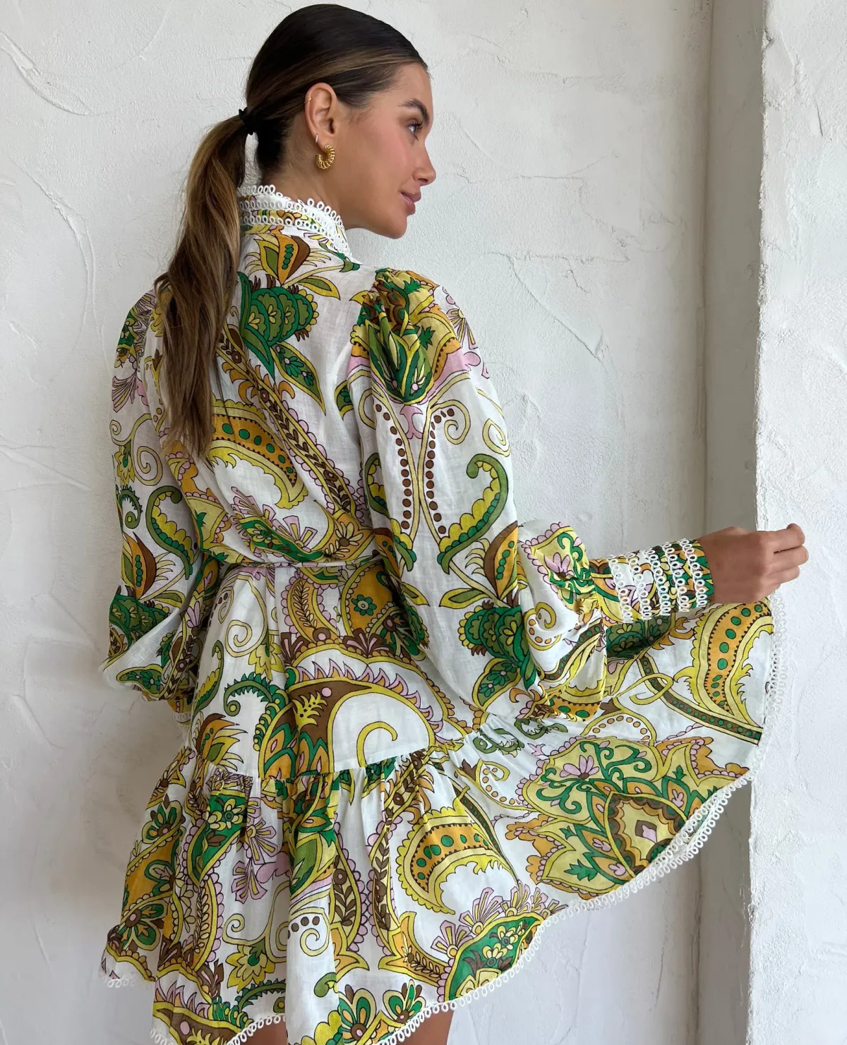 Alemais Octavia Mini Ruffle Dress Linen Long Sleeve Multi Size AU 8 - Image 3