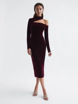 Reiss Tatiana Velvet Cut-out Shoulder Dress Black Size AU 6 for rent on The Volte - image 1