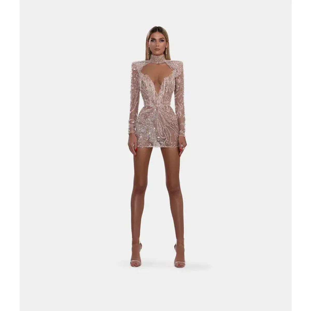 Albina Dyla Gold Couture Rose Gold Beaded Mini Dress Size AU 8 - Image 1