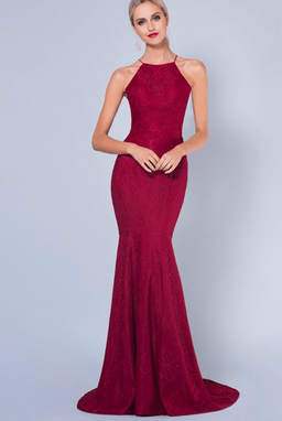 silver fishtail chantilly lace gown deep red for rent on The Volte - image 1