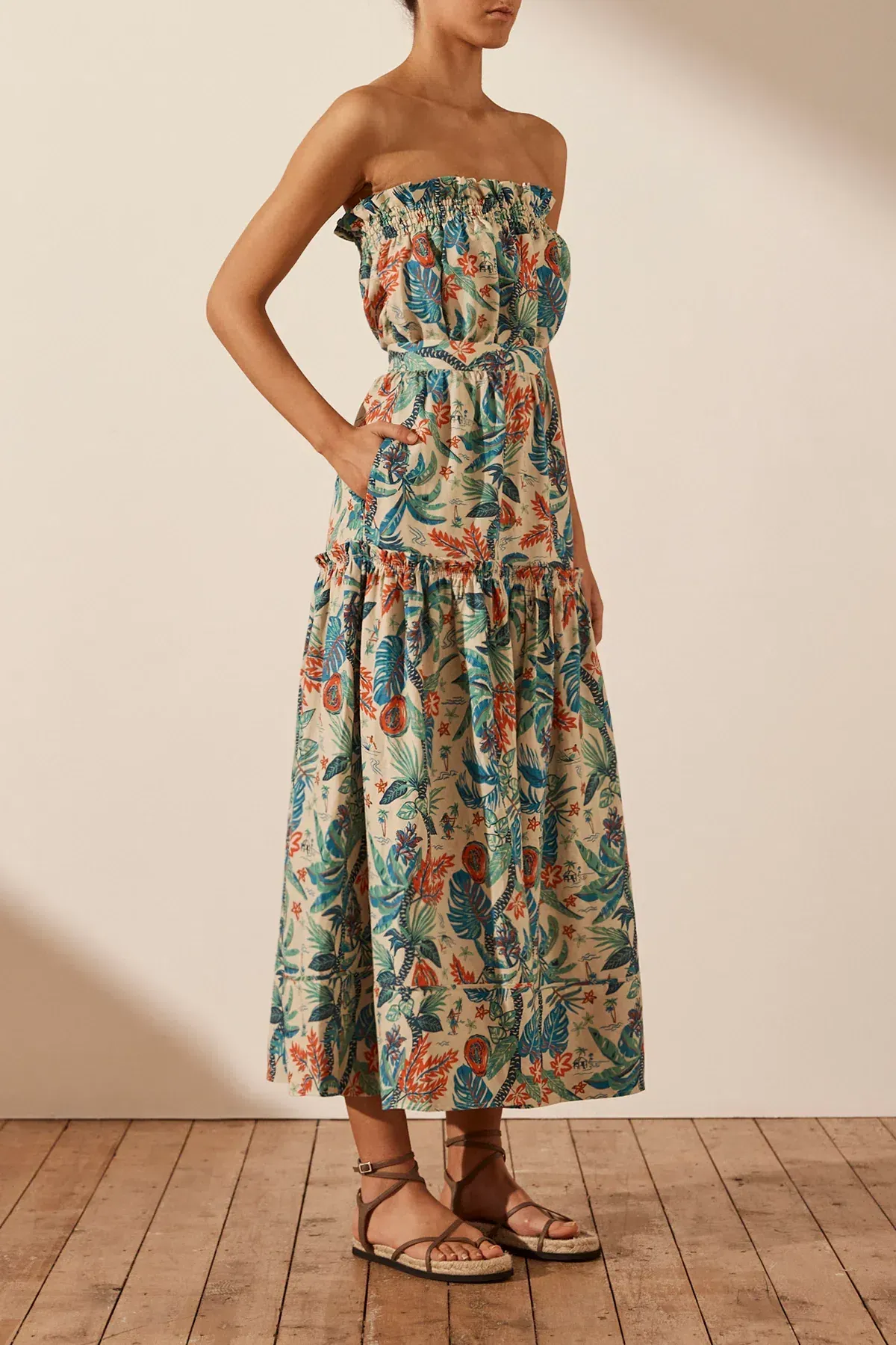 Shona Joy Mahalo Linen Strapless Midi Dress Print Size 8 / S - Image 2