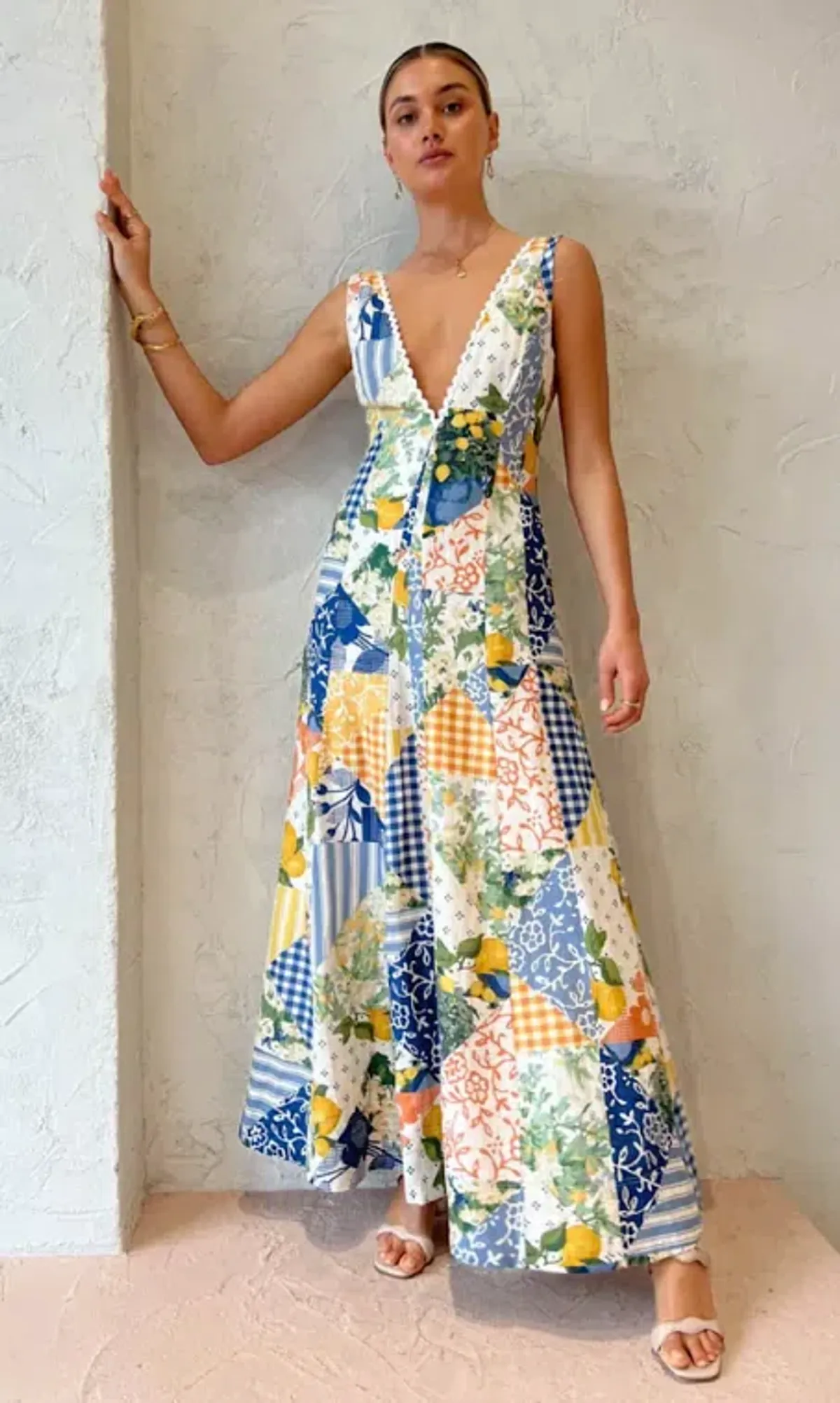 By Nicola Wavy Maxi Dress in Lemon Patchwork Print Size 6 - Image 4