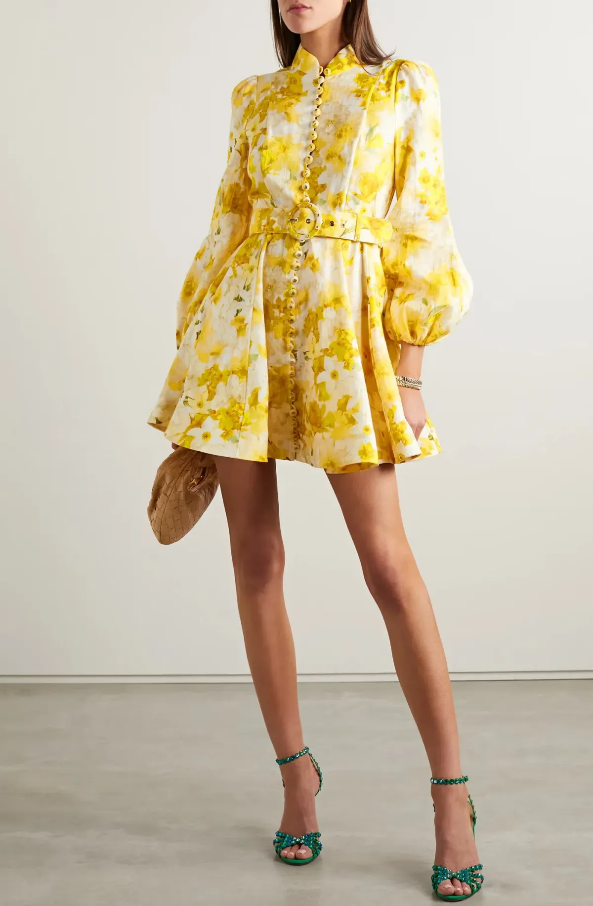 Zimmermann Wonderland Belted Floral-Print Linen Mini Dress in Yellow Size 1/Au 10  - Image 1