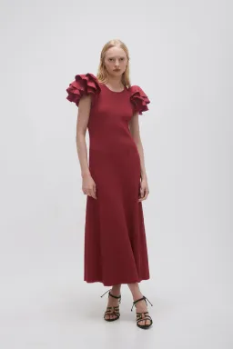 Aje Questa Puff Midi Dress Burgundy Size 6 for rent on The Volte - image 1