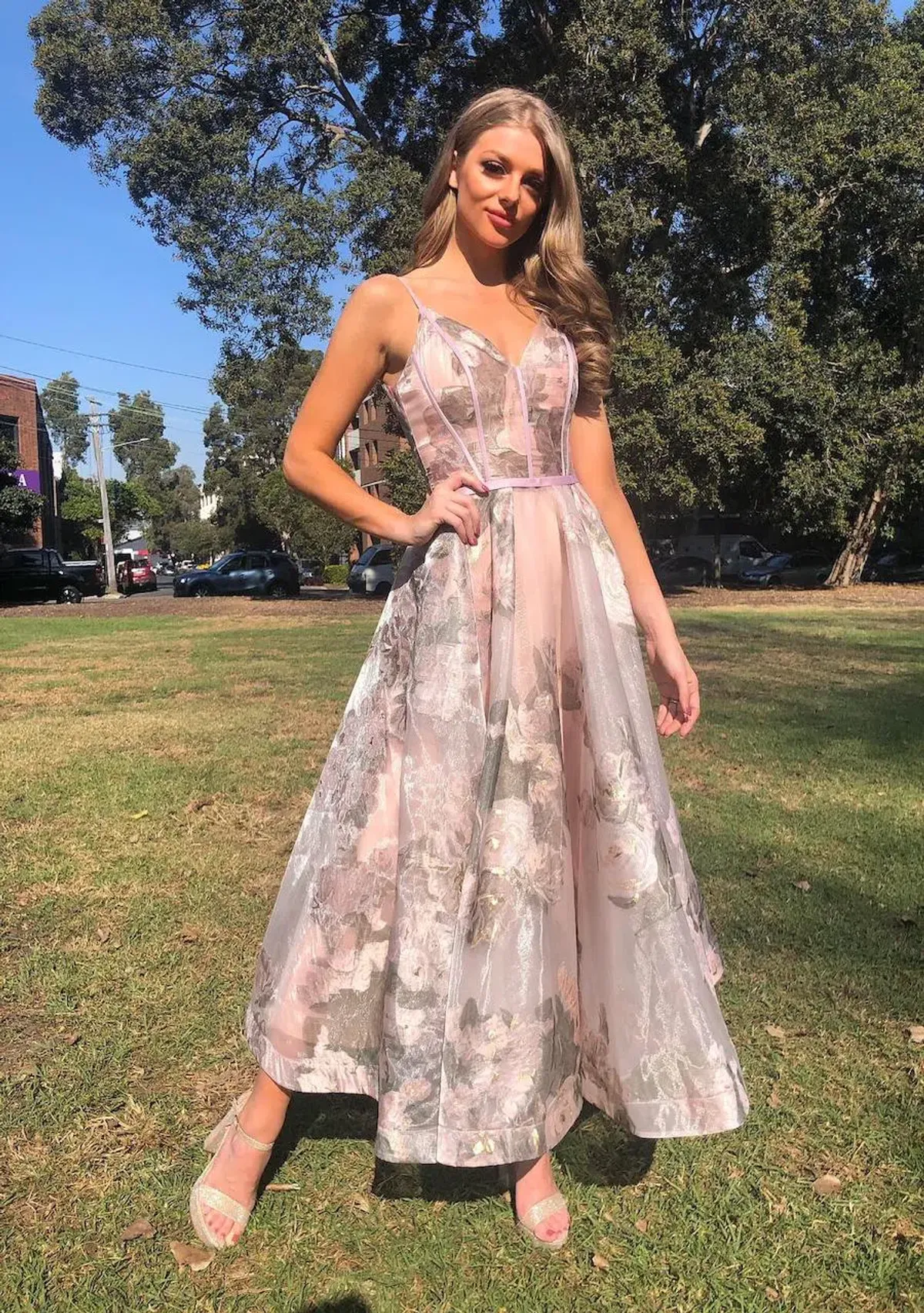 Tina Holly Pastel Floral Dress With Spaghetti Straps With A Line Skirt Floral Size AU 6 - Image 3