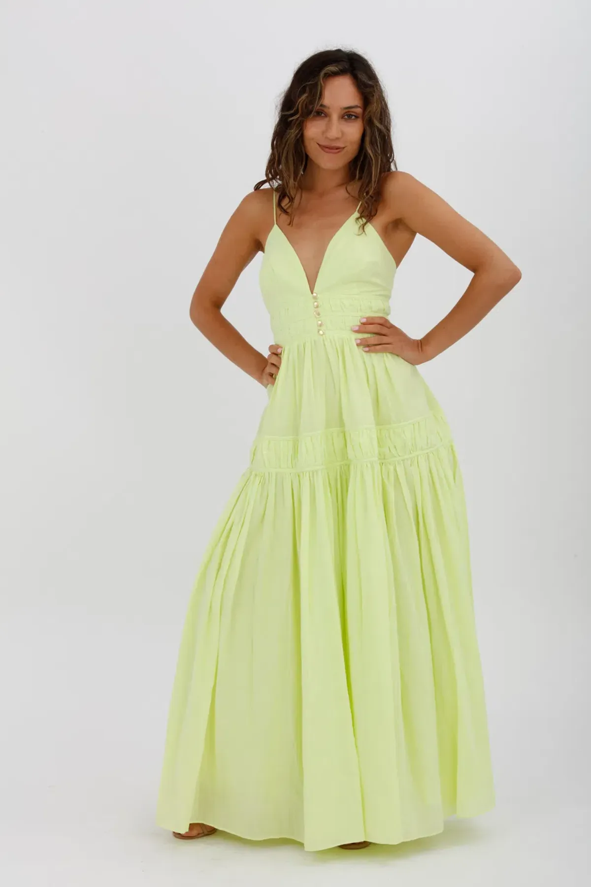 Aje Grace Tiered Midi Dress Pastel Yellow Green Size 10 - Image 2
