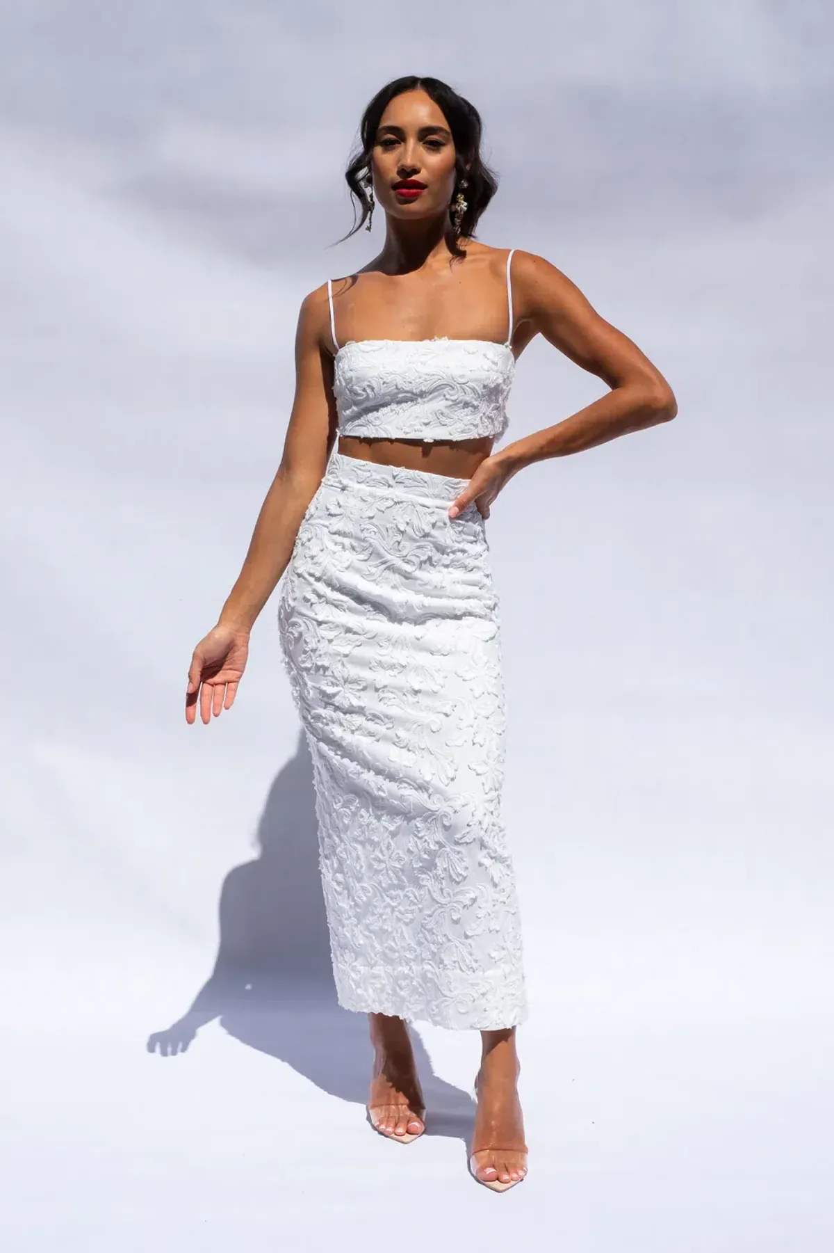 Isabella Longginou Textured Bow Tie Crop and Fitted Pencil Skirt Set White Size 6 - Image 5