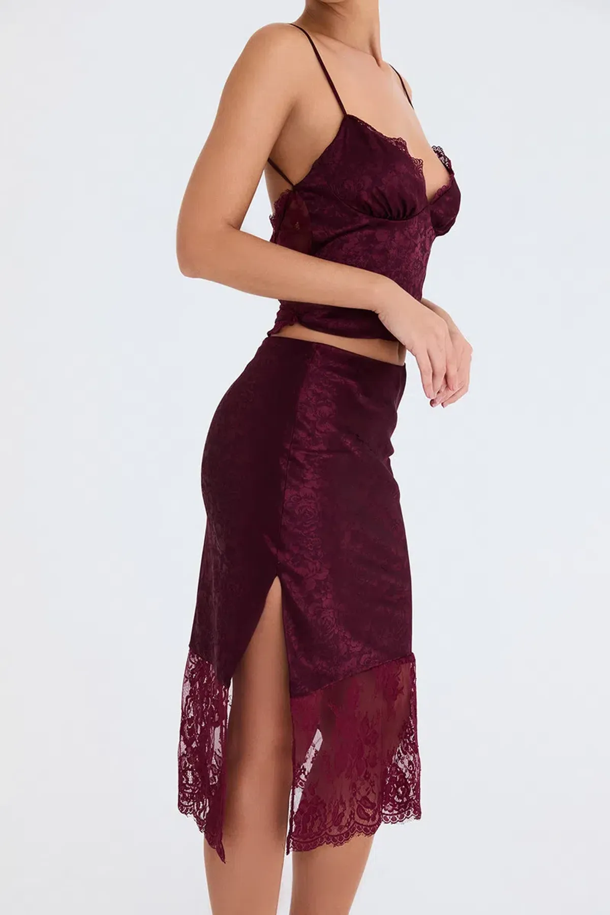 House of CB Mistress Rocks Mulberry Satin And Lace Top and Midi Skirt Burgundy Size S / AU 8  - Image 2