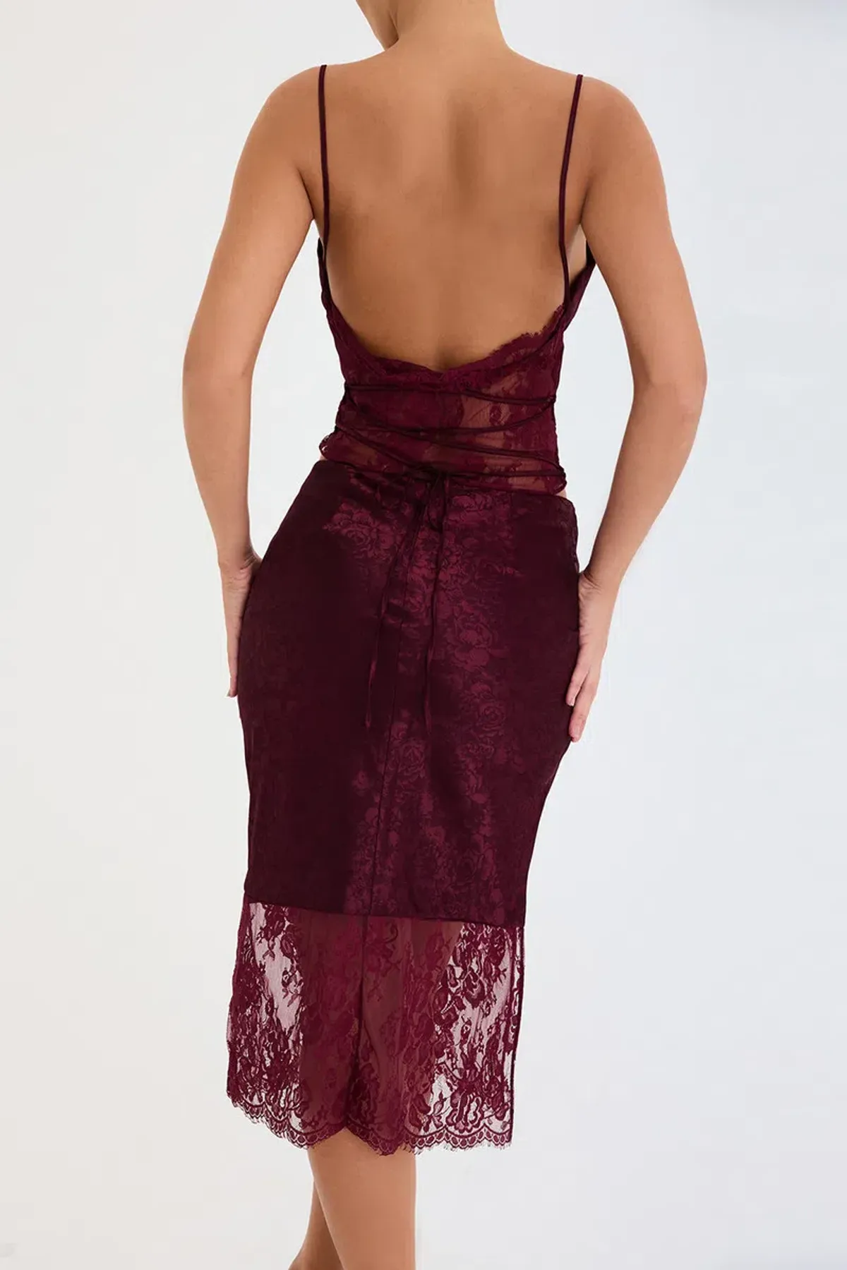 House of CB Mistress Rocks Mulberry Satin And Lace Top and Midi Skirt Burgundy Size S / AU 8  - Image 3