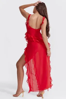 House Of Cb Ariela Red Ruffle Backless Dress Cherry In Size S/Au 8 for rent on The Volte - image 6