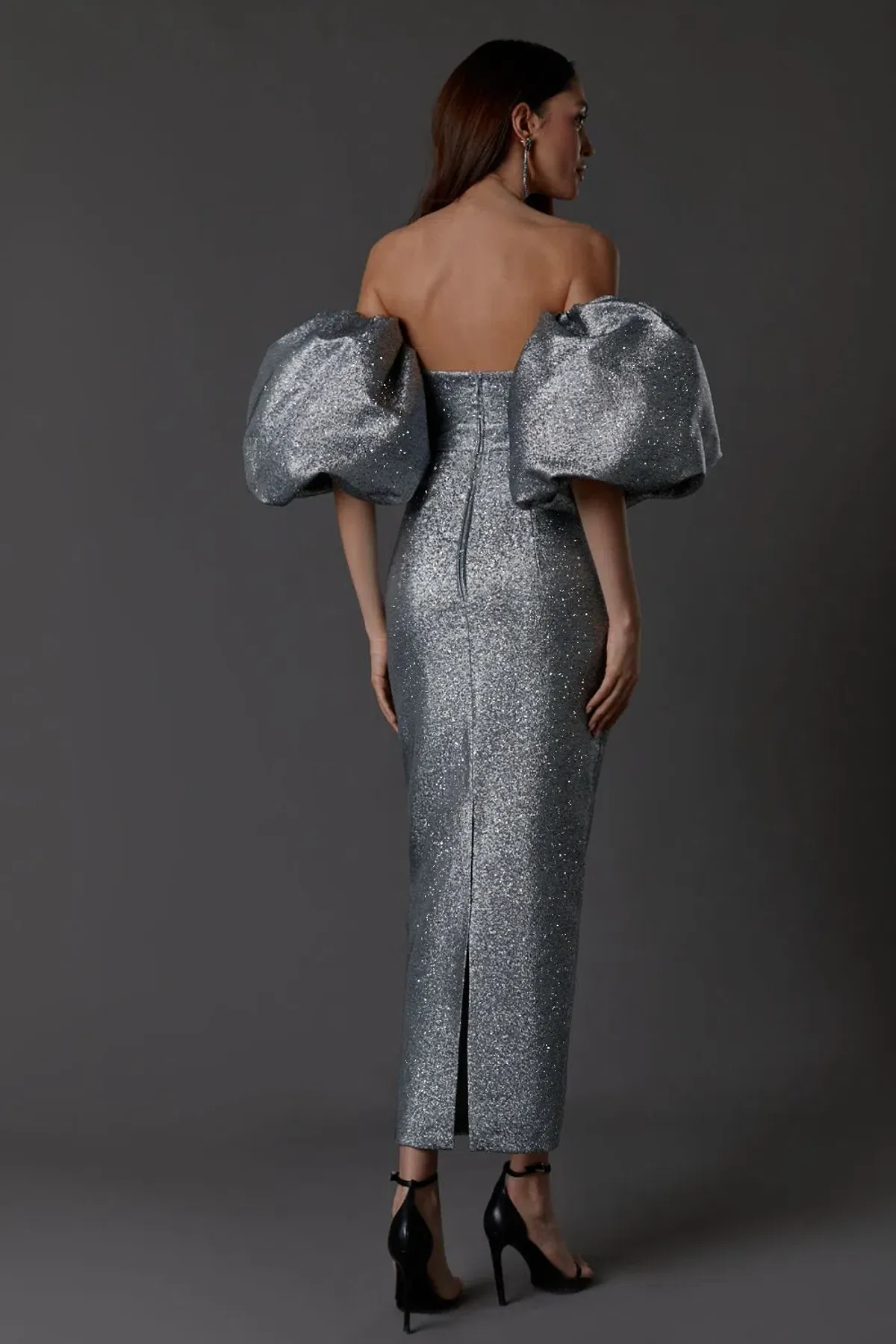 LN Family Midi Dress with Puff Sleeves Silver Size 6  - Image 5