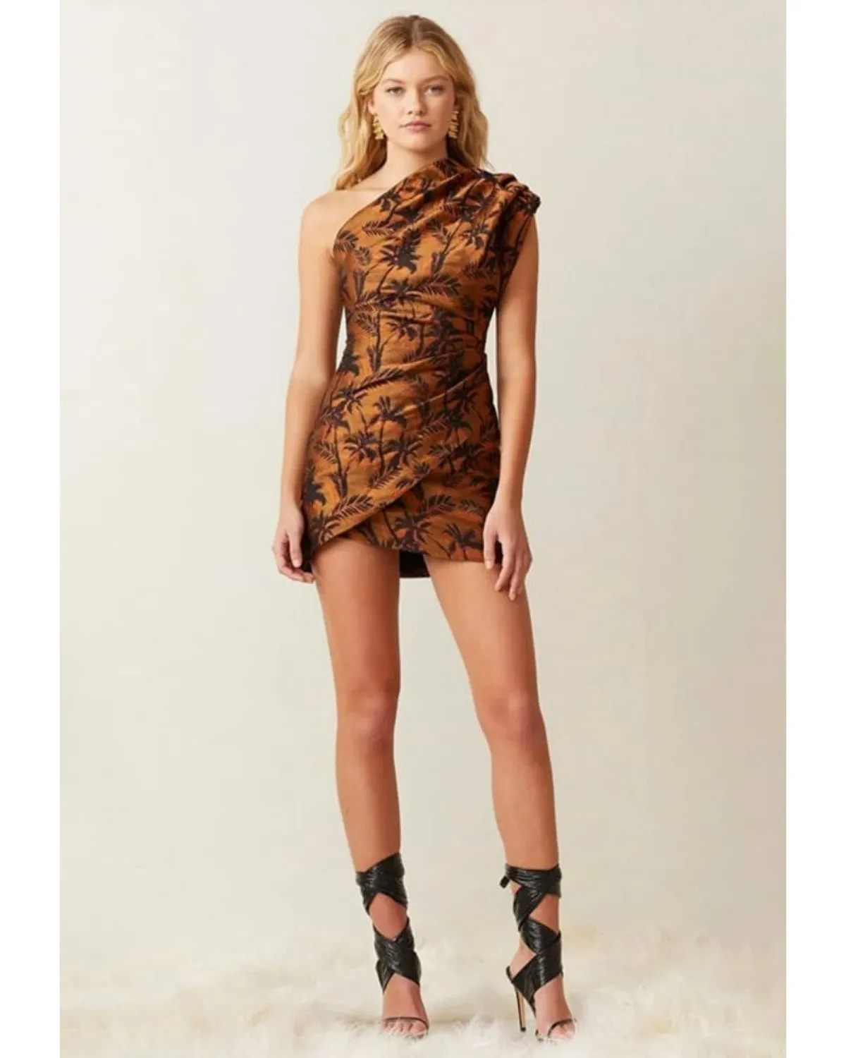 Bec & Bridge Far Out Asymmetrical Mini Dress Brown Print Size AU 10 - Image 1