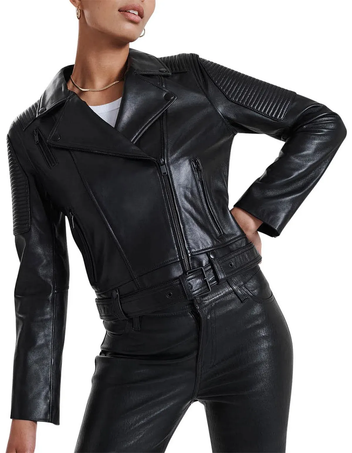 Ena Pelly Classic Leather Biker Jacket in All Black Size AU 12 - Image 4