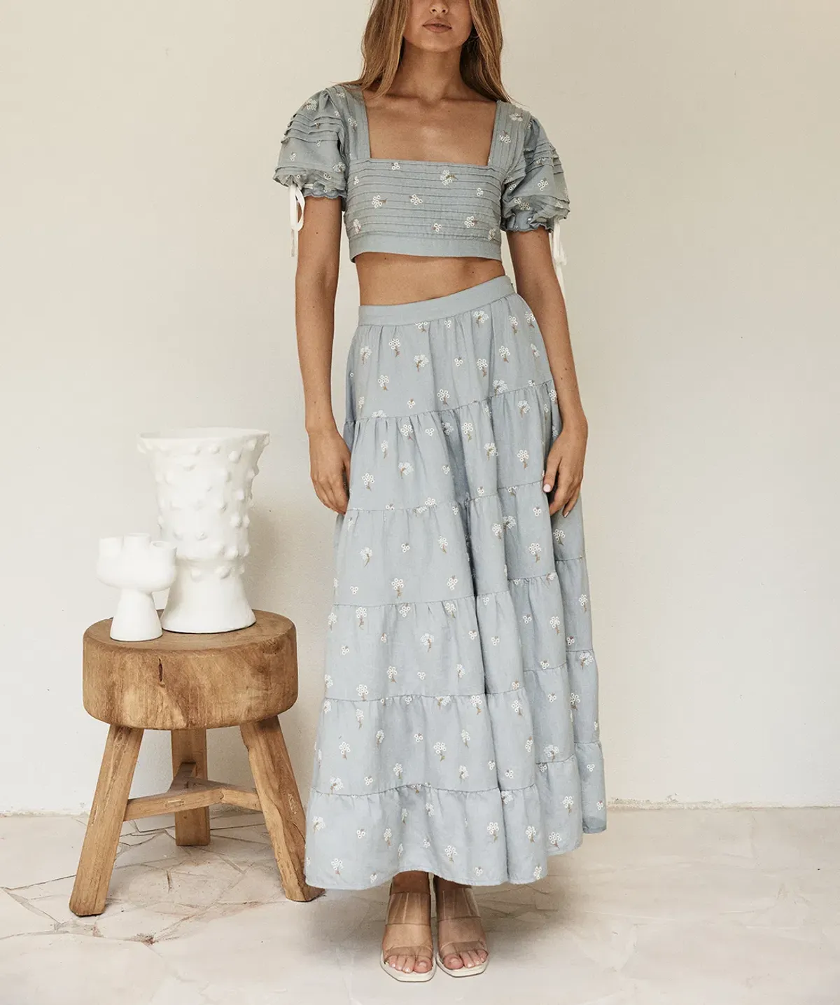 By Odet Fleur Embroidered Crop and Maxi Skirt Set Periwinkle Size M / Au 10 - Image 1