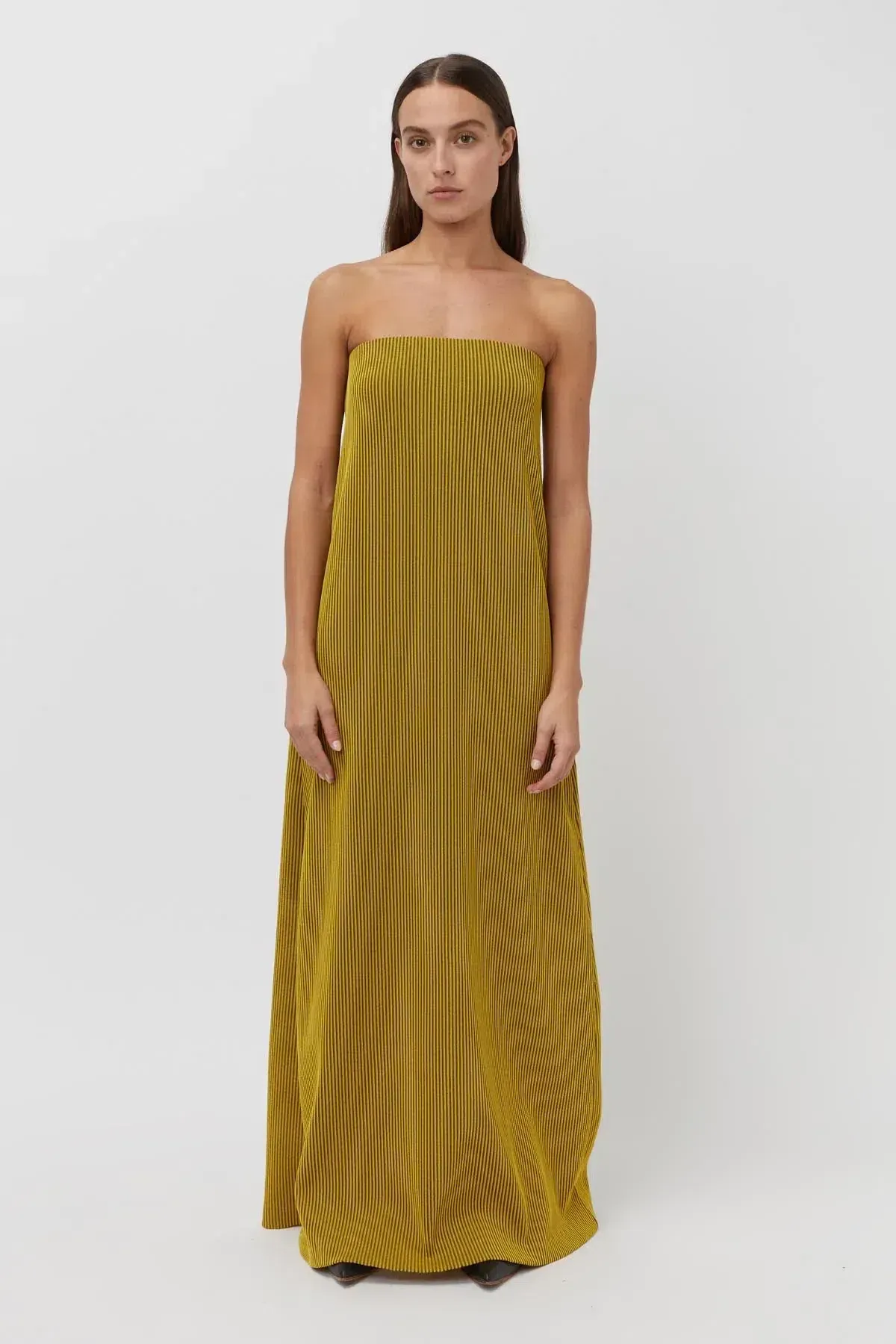 Camilla and Marc Izaro Strapless Maxi Column Dress in Brown/Gold Stripe Size 12 - Image 1