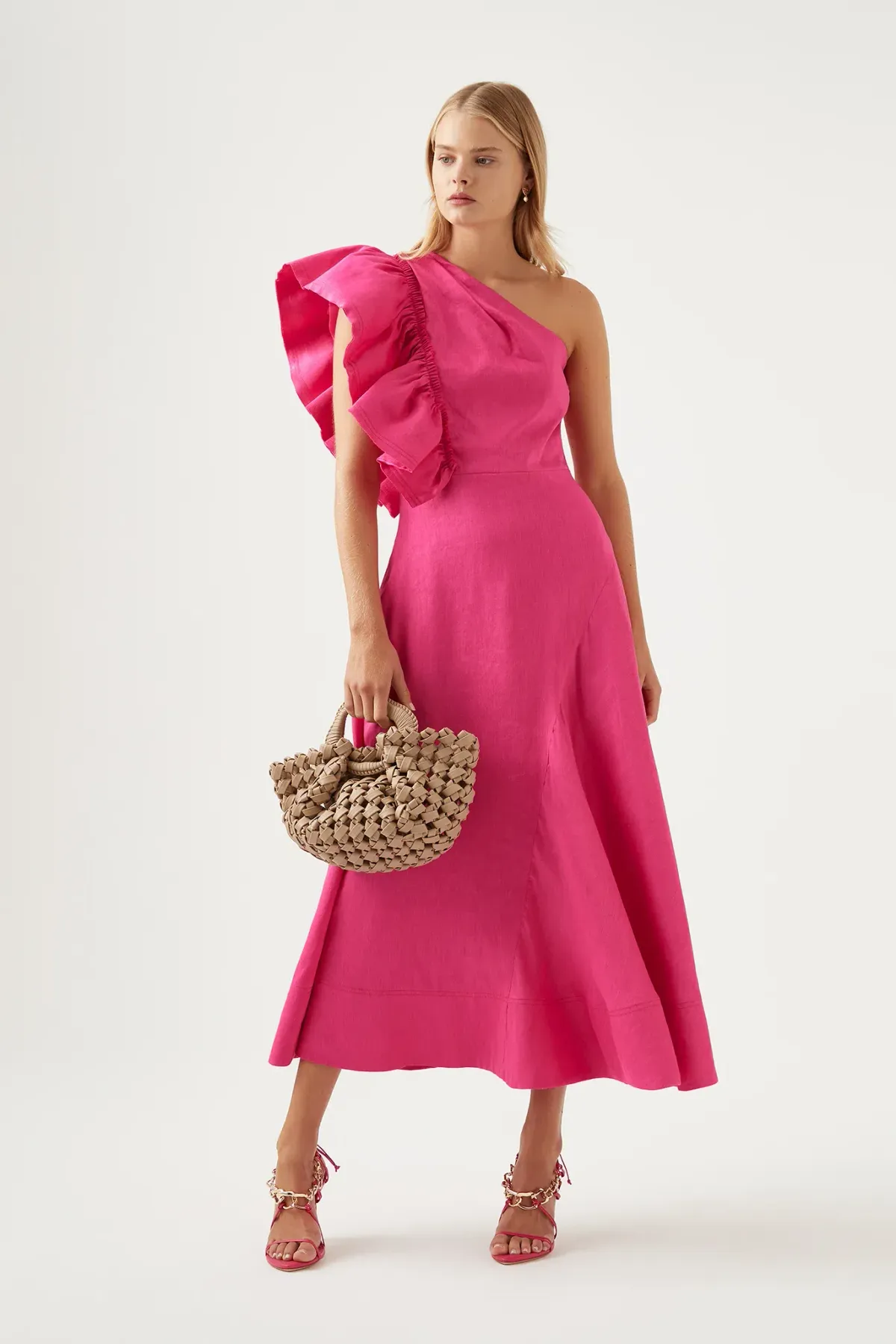 Aje Bonjour Asymmetric Midi Dress Fuchsia Pink Size AU 16  - Image 1