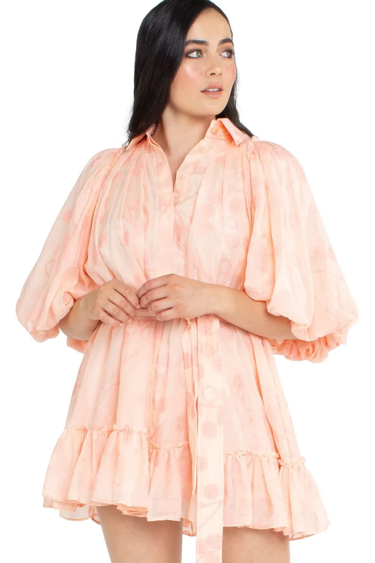 Aje Textural Puff Sleeve Mini Dress Peach Size AU 12 - Image 2