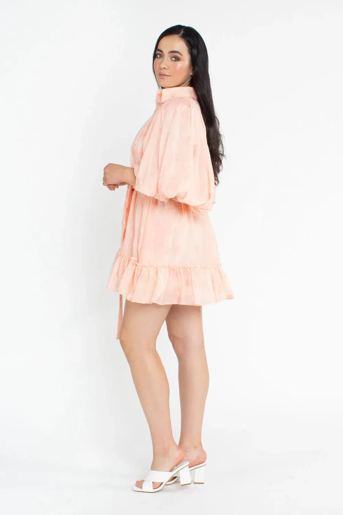 Aje Textural Puff Sleeve Mini Dress Peach Size AU 12 - Image 3
