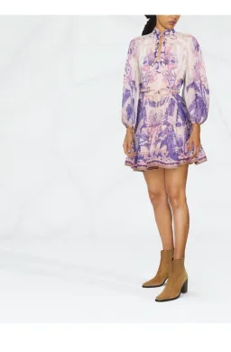 Zimmermann Lyre Billow Mini Dress in Purple Palm Print Size 0 / Au 8 for rent on The Volte - image 1