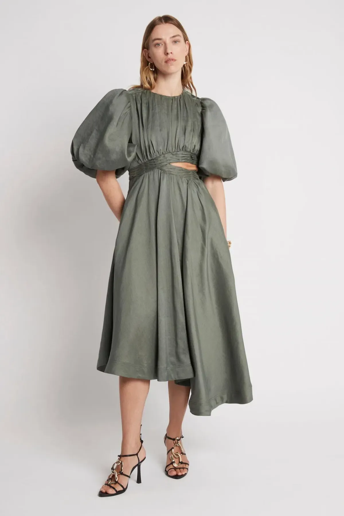 Aje Tidal Tucked Cut Out Midi Dress Green Size 8 - Image 1