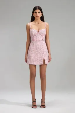 Self Portrait Bouclé Tweed Diamante Mini Dress Pink Size 10 for rent on The Volte - image 1