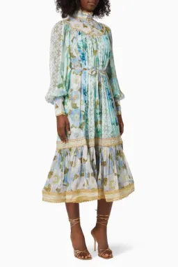 Zimmermann Rhythm Trimmed Billow Midi Dress Aqua Mixed Print Size 2 / Au 12 for rent on The Volte - image 1