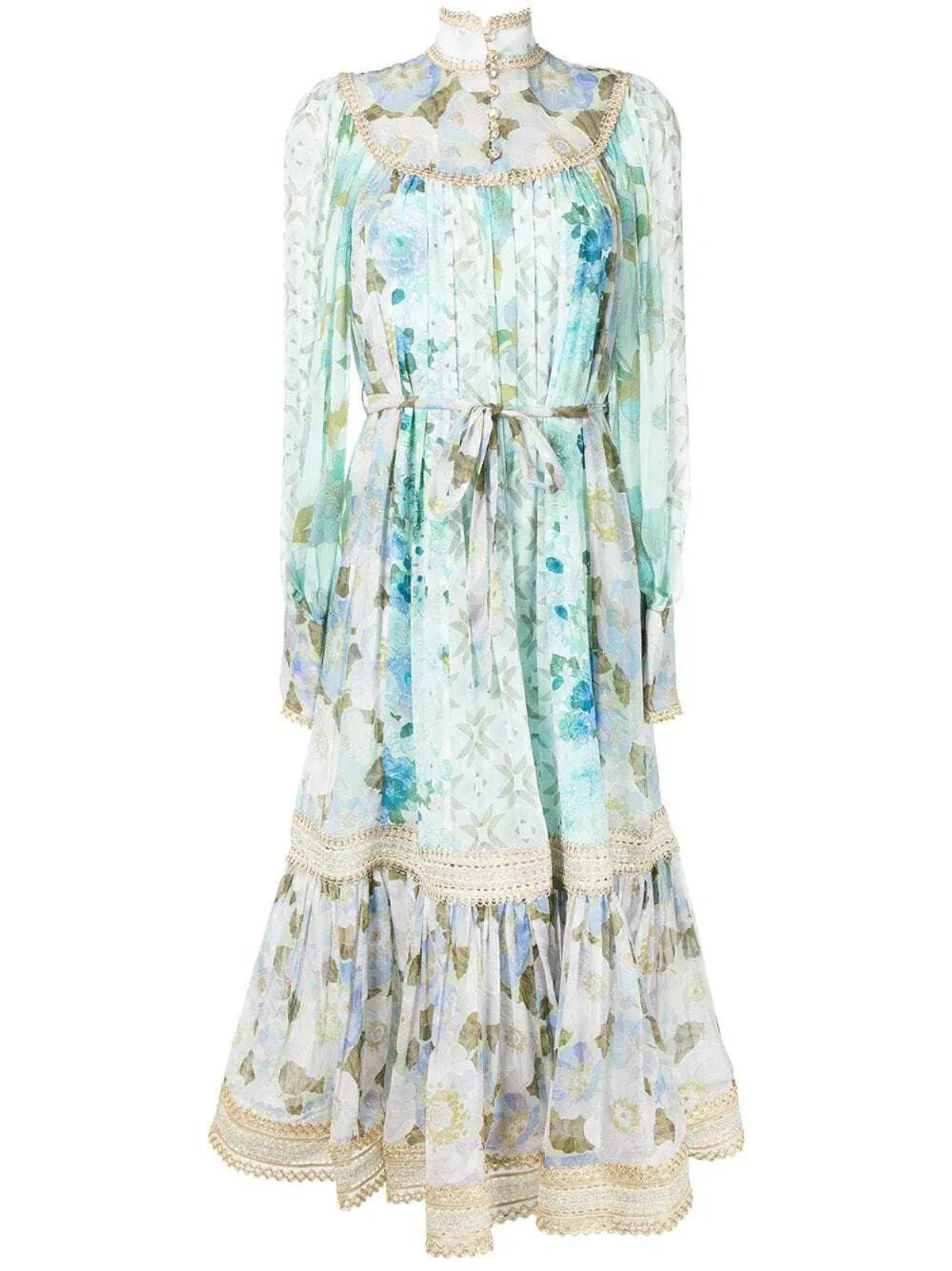Zimmermann Rhythm Trimmed Billow Midi Dress Aqua Mixed Print Size 2 / Au 12 - Image 2