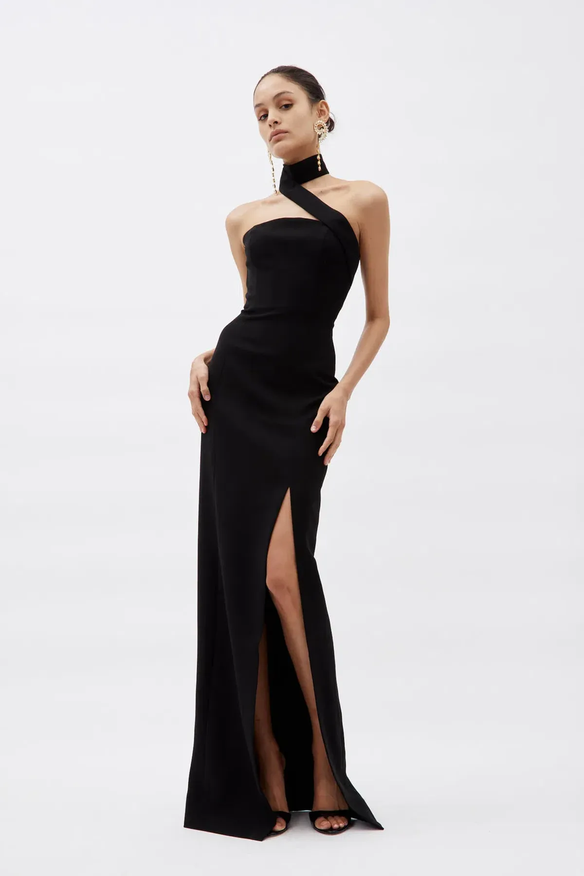 Monot Long Black Gown with Asymmetrical Strap Black Size 6 - Image 1